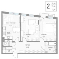 Планировка двухкомнатной(квартира) площадью 73.4 квадратных метров в “ЖК Эльйон”