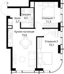 Планировка двухкомнатной(квартира) площадью 54.2 квадратных метров в ЖК “ЖК Сити Бэй”