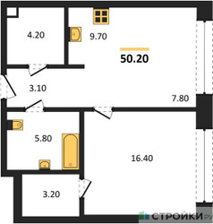 Планировка однокомнатной(квартира) площадью 50.2 квадратных метров в ЖК “ЖК Монблан”
