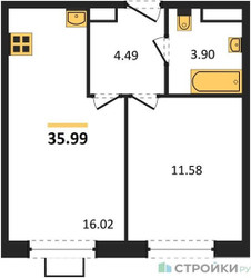 Планировка однокомнатной(апартаменты) площадью 35.99 квадратных метров в ЖК “ЖК Движение. Говорово”