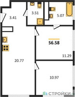 Планировка двухкомнатной(квартира) площадью 57.3 квадратных метров в “ЖК 1-й Нагатинский (Первый Нагатинский)”