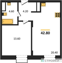 Планировка однокомнатной(квартира) площадью 42.8 квадратных метров в ЖК “ЖК Резиденции Сколково”