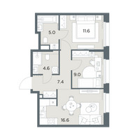 Планировка двухкомнатной(квартира) площадью 54.2 квадратных метров в “ЖК Станиславский”