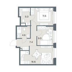Планировка двухкомнатной(квартира) площадью 54.2 квадратных метров в ЖК “ЖК Станиславский”