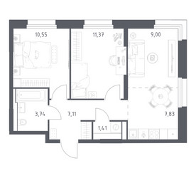 Планировка двухкомнатной(квартира) площадью 51.01 квадратных метров в ЖК “ЖК Квартал Строгино”
