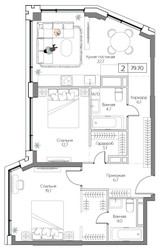Планировка двухкомнатной(квартира) площадью 79 квадратных метров в ЖК “ЖК Дрим Рива”