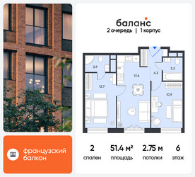 Планировка двухкомнатной(квартира) площадью 51.4 квадратных метров в ЖК “ЖК Баланс”