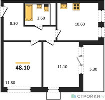 Планировка двухкомнатной(квартира) площадью 48.1 квадратных метров в “ЖК Скандинавия”