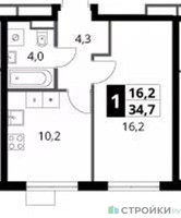 Планировка однокомнатной(квартира) площадью 34.7 квадратных метров в “ЖК 1-й Ясеневский (Первый Ясеневский)”