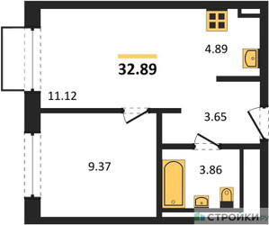 Планировка однокомнатной(квартира) площадью 32.89 квадратных метров в ЖК “ЖК Квартал Марьино”