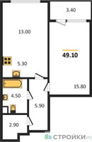 Планировка однокомнатной(квартира) площадью 49.1 квадратных метров в “Жилой квартал Новое Медведково”