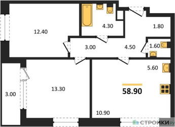 Планировка двухкомнатной(квартира) площадью 58.9 квадратных метров в ЖК “Квартал Филатов луг”