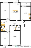 Планировка 4+ комнатной(квартира) площадью 109.8 квадратных метров в “ЖК 1-й Ленинградский (Первый Ленинградский)”