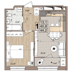 Планировка однокомнатной(квартира) площадью 44.2 квадратных метров в ЖК “ЖК Гранд Комфорт”