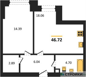 Планировка однокомнатной(квартира) площадью 46.72 квадратных метров в ЖК “ЖК Sezar City (Сезар Сити)”
