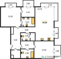 Планировка двухкомнатной(квартира) площадью 95.1 квадратных метров в ЖК “Квартал Тишинский Бульвар”