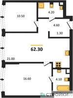 Планировка двухкомнатной(квартира) площадью 62.3 квадратных метров в “Акценты”