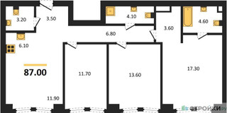 Планировка трехкомнатной(квартира) площадью 87 квадратных метров в “ЖК АУРА”