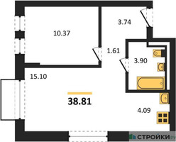 Планировка однокомнатной(квартира) площадью 38.81 квадратных метров в “ЖК Рублевский Квартал”