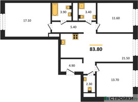 Планировка трехкомнатной(квартира) площадью 83.8 квадратных метров в “ЖК Детали”