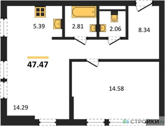 Планировка однокомнатной(квартира) площадью 47.47 квадратных метров в ЖК “ЖК Остафьево”