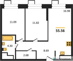 Планировка двухкомнатной(квартира) площадью 55.56 квадратных метров в “ЖК Апарт-отель Тропарево парк”