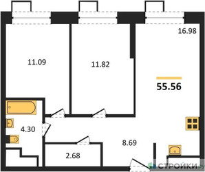 Планировка двухкомнатной(квартира) площадью 55.56 квадратных метров в “ЖК Апарт-отель Тропарево парк”
