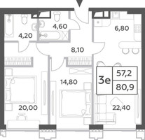 Планировка трехкомнатной(квартира) площадью 80.8 квадратных метров в “ЖК Will Towers (Вилл Тауэрс)”