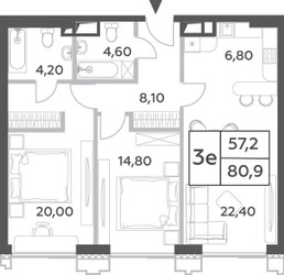 Планировка трехкомнатной(квартира) площадью 80.8 квадратных метров в ЖК “ЖК Will Towers (Вилл Тауэрс)”
