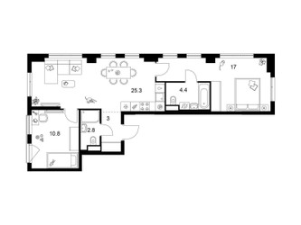 Планировка двухкомнатной(квартира) площадью 63.3 квадратных метров в ЖК “ЖК Кавказский бульвар 51”