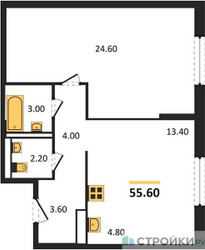 Планировка однокомнатной(квартира) площадью 55.6 квадратных метров в ЖК “ЖК Молжаниново”