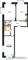 Планировка двухкомнатной(квартира) площадью 58.8 квадратных метров в “ЖК Квартал Строгино”