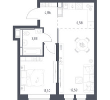 Планировка однокомнатной(квартира) площадью 44.41 квадратных метров в “ЖК Большое Путилково”
