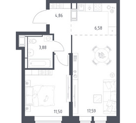 Планировка однокомнатной(квартира) площадью 44.41 квадратных метров в ЖК “ЖК Большое Путилково”