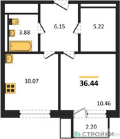 Планировка однокомнатной(квартира) площадью 36.44 квадратных метров в “ЖК Прибрежный Парк”