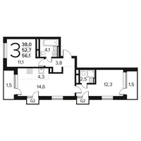 Планировка трехкомнатной(квартира) площадью 56.1 квадратных метров в “Новые Ватутинки. Заречный”