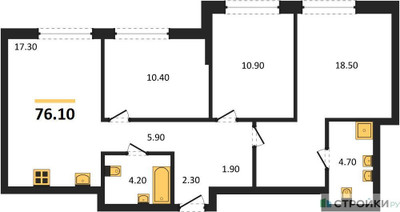 Планировка трехкомнатной(квартира) площадью 76.1 квадратных метров в ЖК “ЖК Шагал”