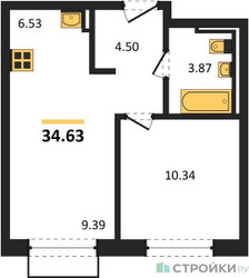 Планировка однокомнатной(квартира) площадью 34.63 квадратных метров в ЖК “ЖК Молжаниново”