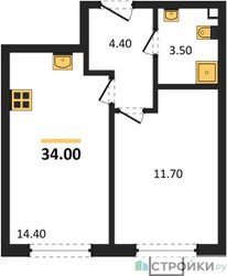 Планировка однокомнатной(квартира) площадью 34 квадратных метров в ЖК “ЖК Лучи-2”