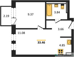 Планировка однокомнатной(квартира) площадью 33.46 квадратных метров в “ЖК Новое Видное”