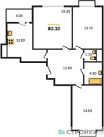 Планировка трехкомнатной(квартира) площадью 80.1 квадратных метров в “ЖК Римский”