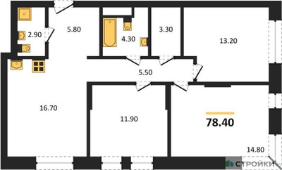 Планировка трехкомнатной(квартира) площадью 78.4 квадратных метров в ЖК “ЖК Первый Московский”