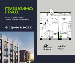 Планировка двухкомнатной(квартира) площадью 44.6 квадратных метров в ЖК “ЖК Пушкино Град”