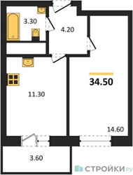 Планировка однокомнатной(квартира) площадью 35.7 квадратных метров в ЖК “ЖК Одинцовские кварталы”