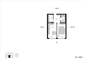 Планировка двухкомнатной(квартира) площадью 46.1 квадратных метров в “ЖК Мытищи Сити”