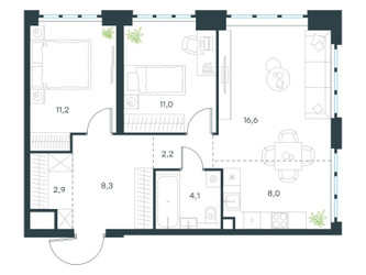 Планировка трехкомнатной(квартира) площадью 64.3 квадратных метров в ЖК “ЖК Level Южнопортовая”