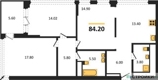 Планировка трехкомнатной(квартира) площадью 84.2 квадратных метров в “ЖК VERY на Миклухо-Маклая (Вери на Миклухо-Маклая)”