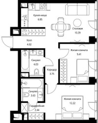 Планировка двухкомнатной(квартира) площадью 56.74 квадратных метров в ЖК “ЖК Сити Бэй”