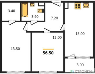 Планировка двухкомнатной(квартира) площадью 56.5 квадратных метров в ЖК “Жилой квартал Новое Медведково”