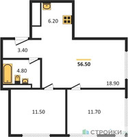 Планировка двухкомнатной(квартира) площадью 56.5 квадратных метров в “ЖК Верейская 41”